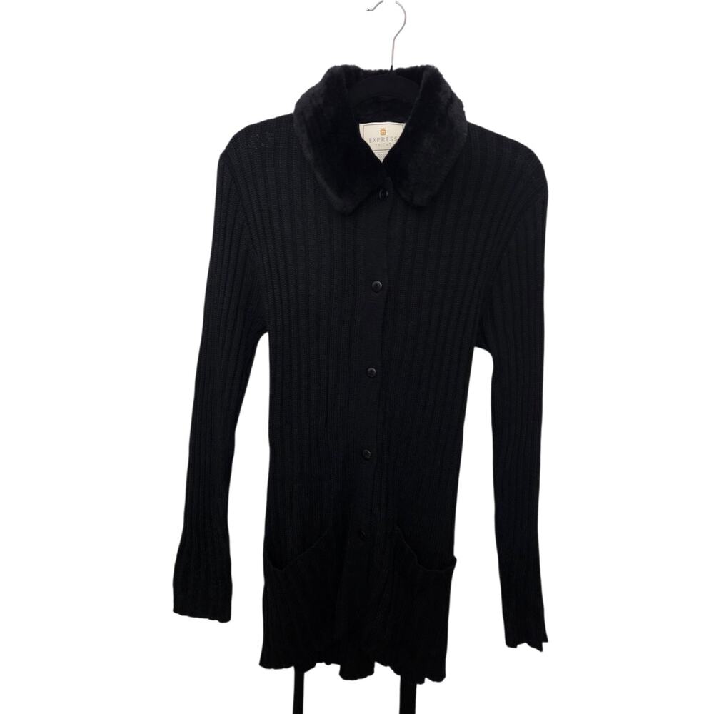 Vintage Black EXPRESS TRICOT Long Ribbed Cardigan Sweater Faux Fur Collar Size L